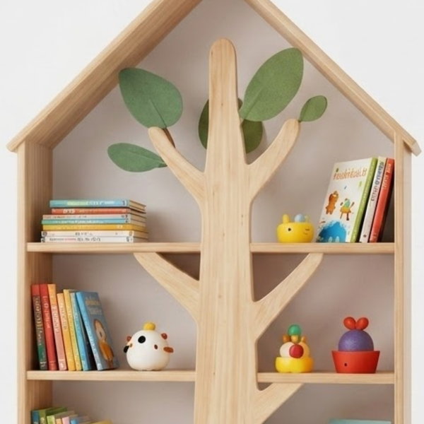 Wooden house-shaped shelf with tree design, books, and toys on a white background