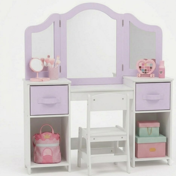 Children's vanity set with purple mirror, drawers, and chair on a white background
