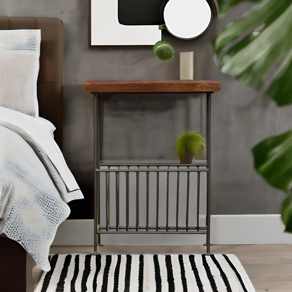 Classic Sheesham Wood Side Table with Black Iron Frame