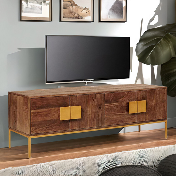 Modern Mango Wood 4 Door Shelves TV Unit