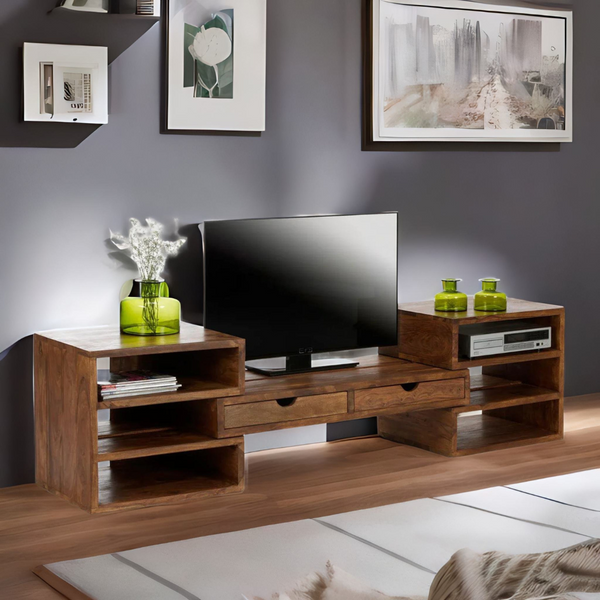 Classic Sheesham Wood 2 Drawers and 6 Open Shelves Adjustable TV Unit with Sliding Shelves
