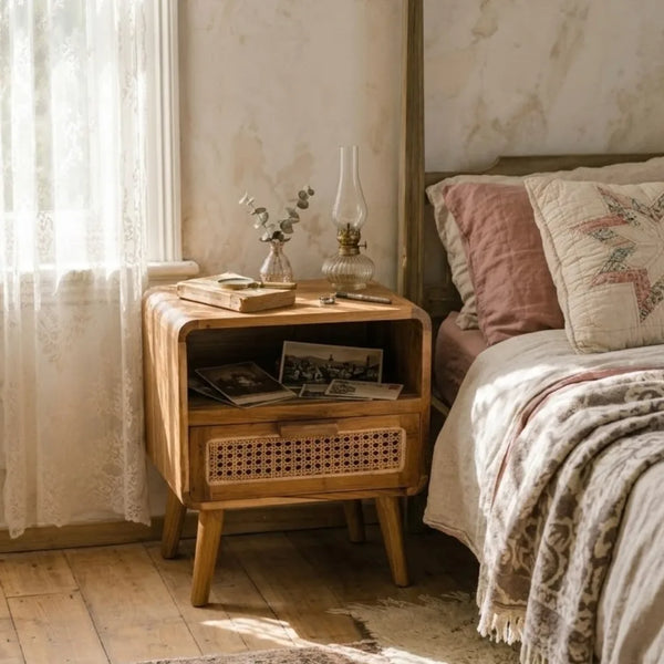 Valletta Teakwood Rattan Side Table With Drawer