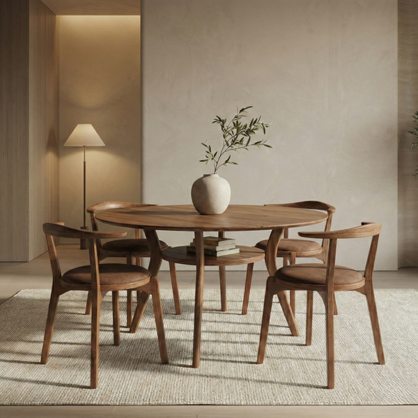 Viola Solid Teakwood Round Dining Table Set – 4 Seater, 6 Seater – All Sizes