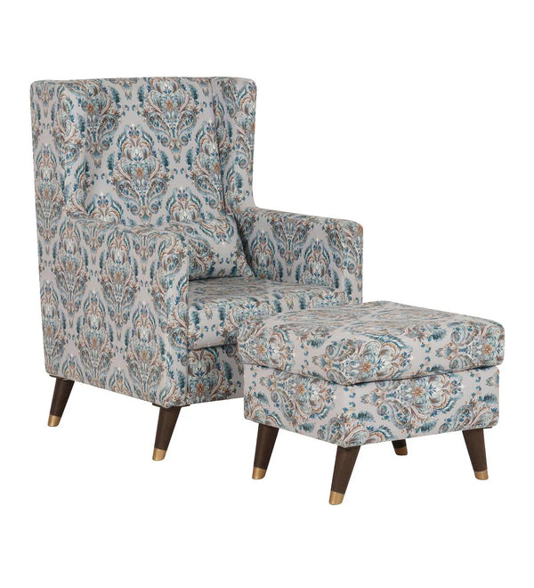 Classic Fabric Wing Chair with Ottoman in Grey