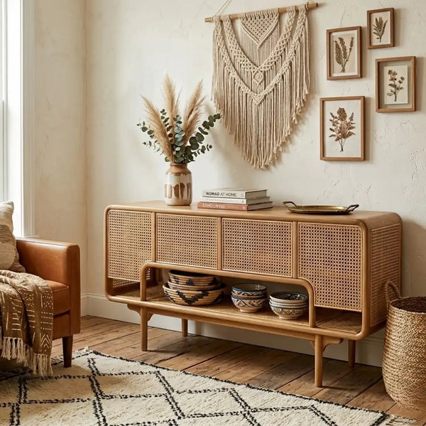 Wicker console table in a room with decorative elements and wall art.