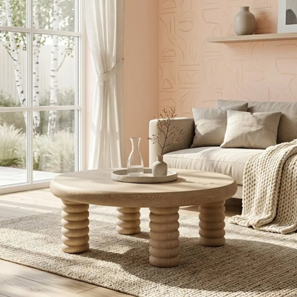 Modern round coffee table ,Wilcannia Round Solid Wood Coffee Table in white wash finish 