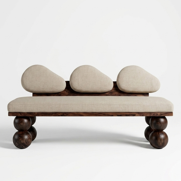 Modern bench with stone-like cushion design on a white background