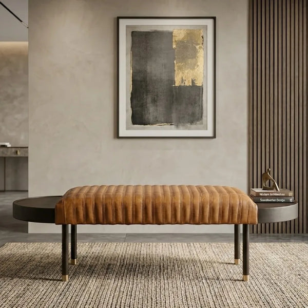 Wynberg Leather Tufted Bench With Attached Tables