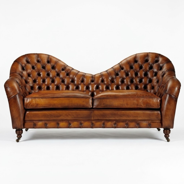 A classic brown leather Chesterfield loveseat sofa with deep button tufting, rolled arms, and turned wooden legs, shown against a plain white background.