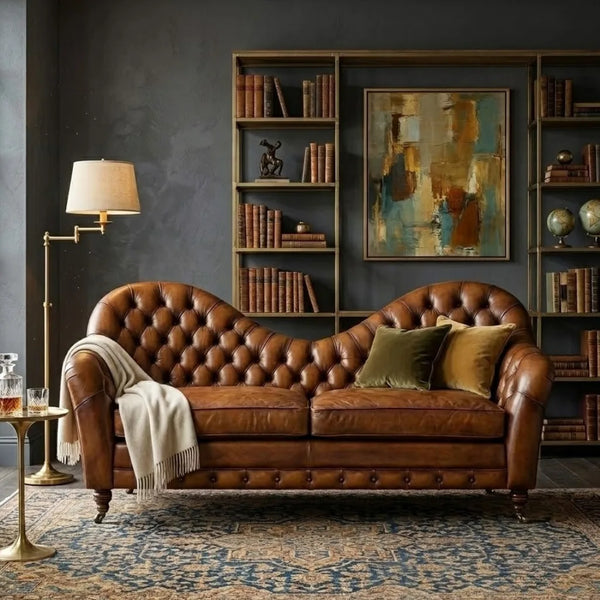A brown leather chaise lounge sofa with tufted detailing, styled in a dark, elegant room with a floor lamp, side table, patterned rug, and bookshelves in the background.