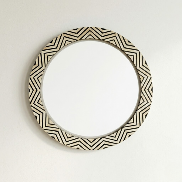 Bone Inlay Zig-zag Black Round Large Wall Mirror