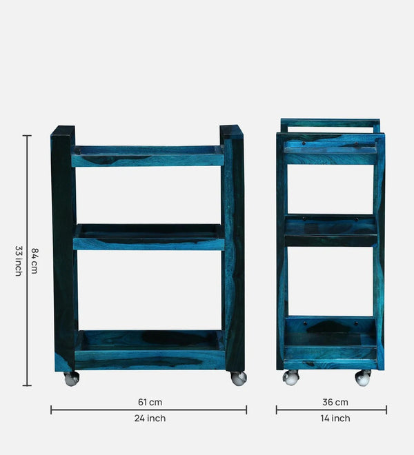 Modern Sheesham Wood Bar Trolley in Ocean Blue Finish