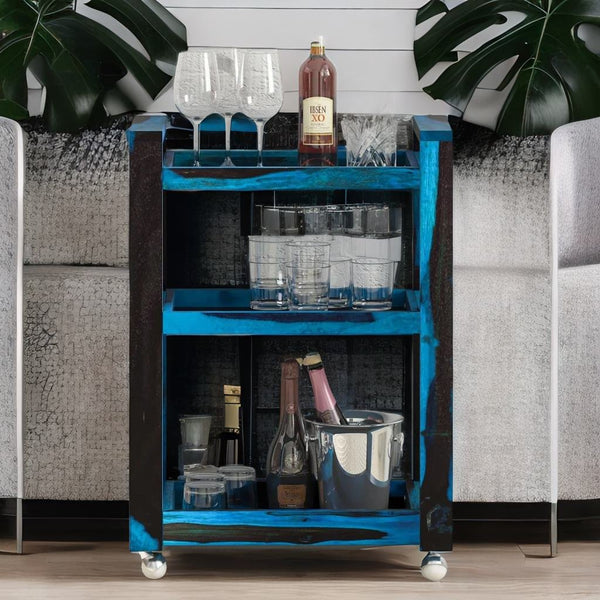 Modern Sheesham Wood Bar Trolley in Ocean Blue Finish