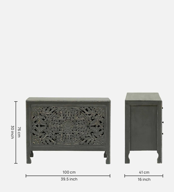 Rajasthani Hand Carved Modern Solid Wood Chest Of Drawers In Grey Finish