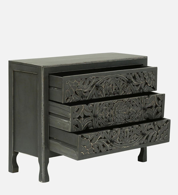 Rajasthani Hand Carved Modern Solid Wood Chest Of Drawers In Grey Finish