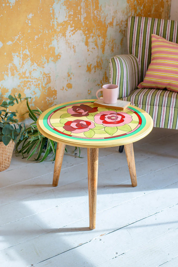 Hand Painted Round Small Coffee Table - Mango Wood