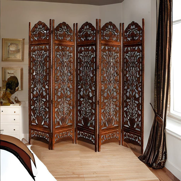 Rajasthani Carved Mango Wood Handmade Room Divider In Brown Colour