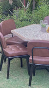 Wood inlay solid wood hexagon dining table set with brown leather chairs 6 seater diningtable 