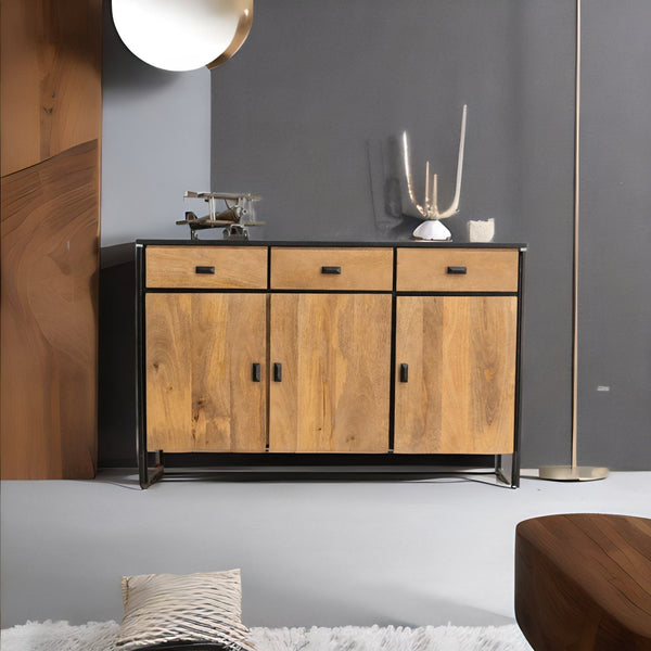 Modern Natural Mango Wood Sideboard With Metal Frame