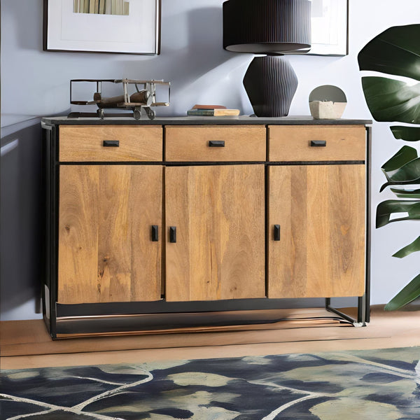 Modern Natural Mango Wood Sideboard With Metal Frame