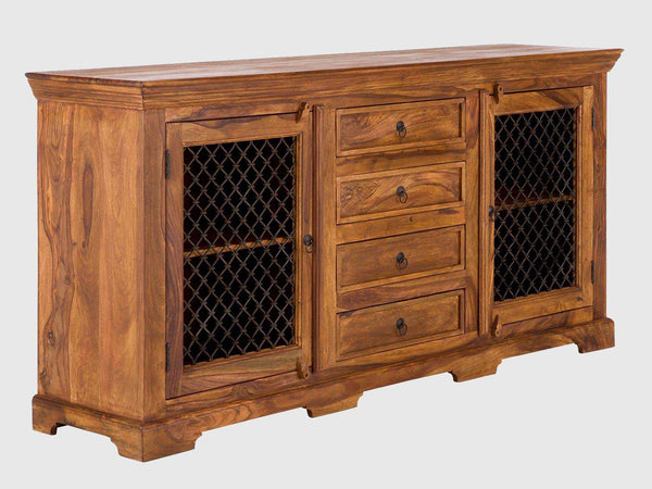 Classic Sheesham Wood Natural Sideboard With Metal Jali