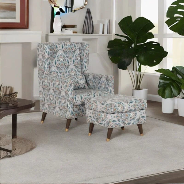 Classic Fabric Wing Chair with Ottoman in Grey