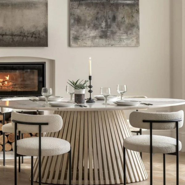 Antalya Modern Round Marble Top Dining Set With Boucle Chairs - 4 Seater, 6 Seater - All Sizes