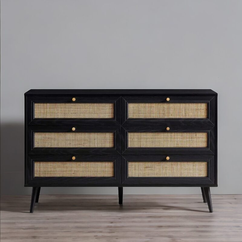Wood Rattan Black Finish Chest Of 6 Drawers