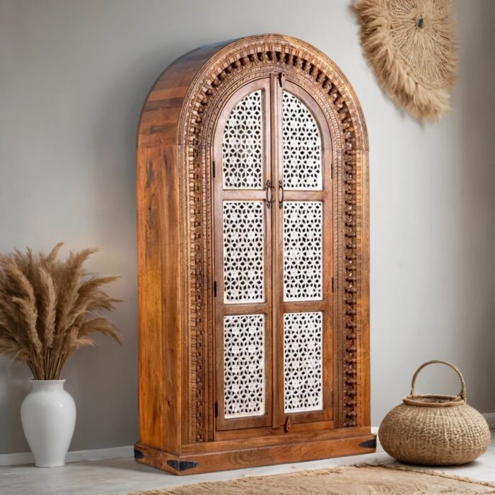 Cairo Hand Carved  Arched Mango Wood Wardrobe - Image 1