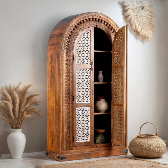 Cairo Hand Carved  Arched Mango Wood Wardrobe - Image 2