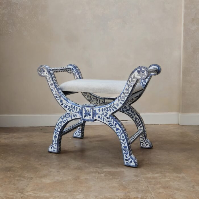 Indigo Roman Style Bone Inlay Ottoman - Image 1