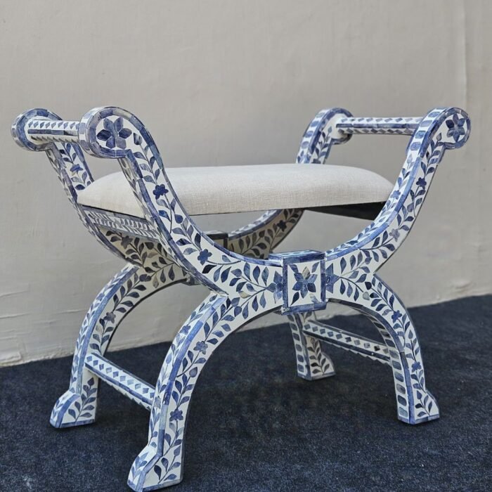 Indigo Roman Style Bone Inlay Ottoman - Image 2