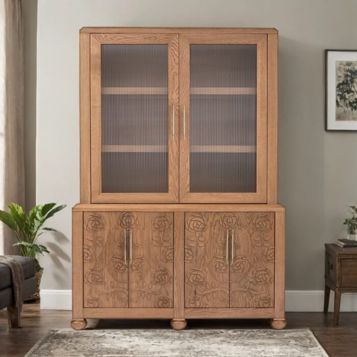 Azalea Solid Oak Storage Cabinet - With Fluted Glass Hutch - Image 1