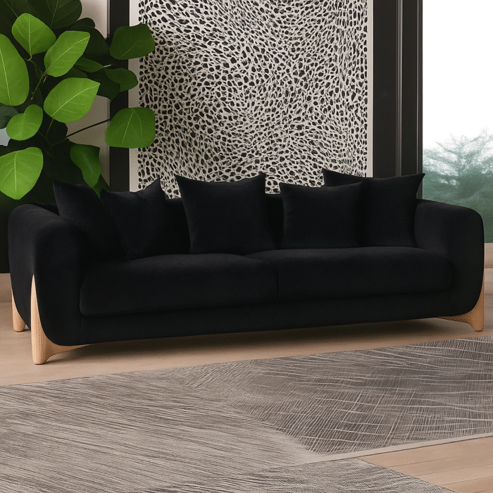 Modern Curve Solid Wood 3 Seater Fabric Sofa - Black Finish - Image 1